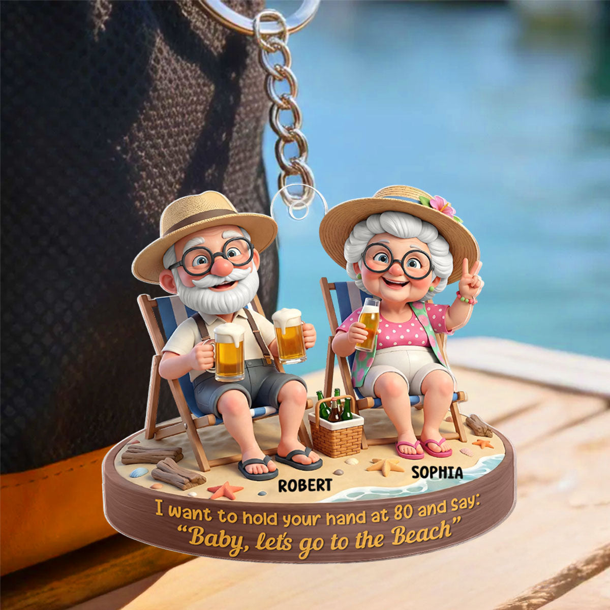3D Effect Old Couple Baby Let's Go to the Beach - Personalized Acrylic Keychain - Sentimental Gift for him, for her