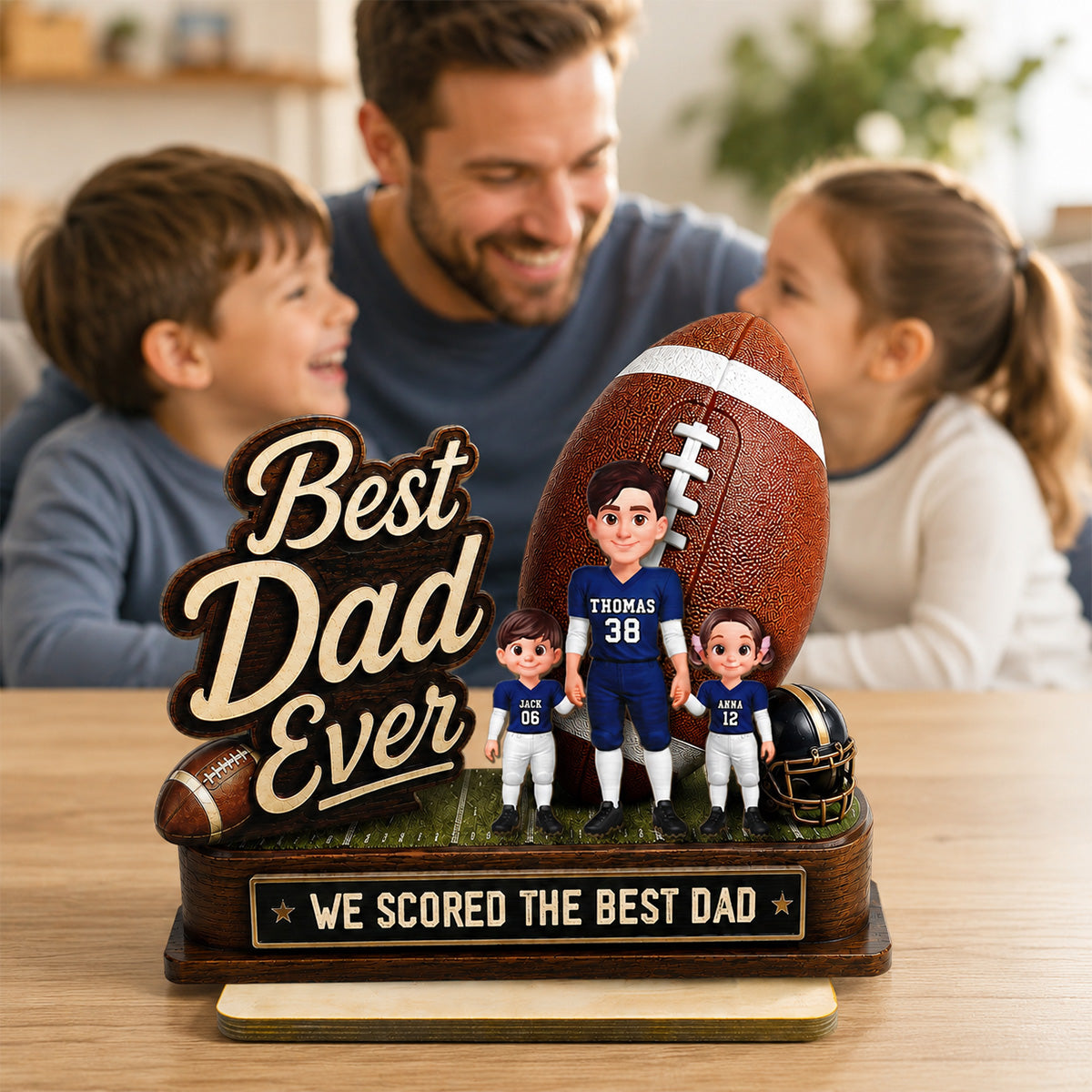 We Scored The Best Dad American Football Dad & Kids - Personalized 2-Layered Wooden Plaque - Gift For American Football Dad