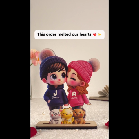 3D Effect Cute Cartoon Couple You Me And The Dog Cat Personalized Standing Wooden Plaque, Gift for Him, Gift for Her