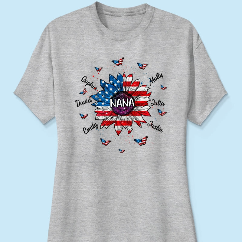Grandma With Grandkids Names Nation Flag Sunflower Personalized Shirt
