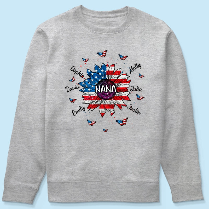 Grandma With Grandkids Names Nation Flag Sunflower Personalized Shirt