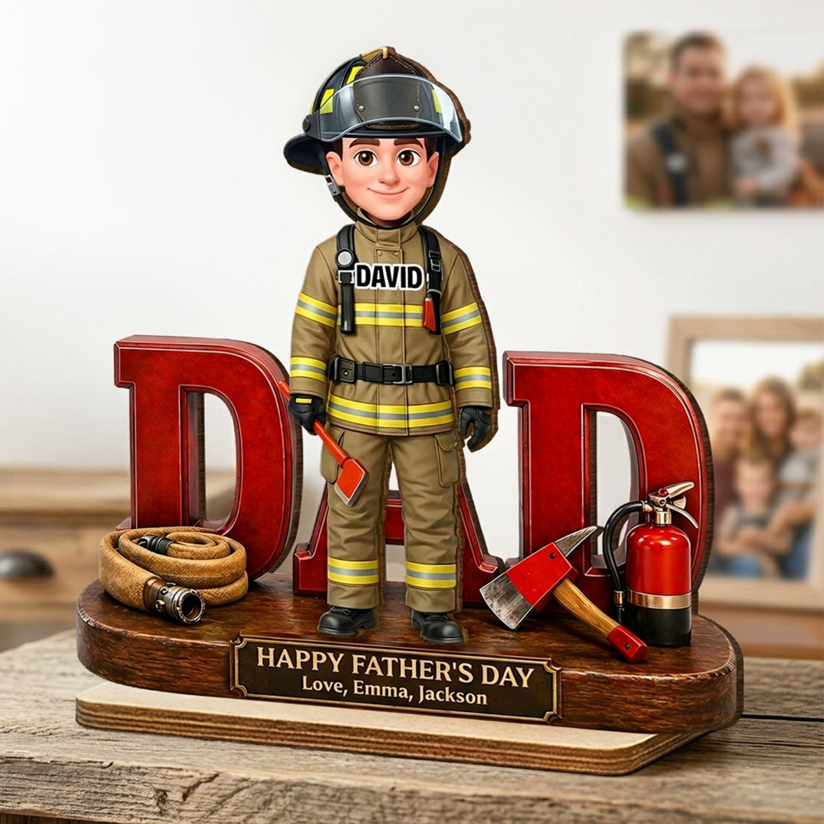Proud American Firefighter Dad - Personalized 2-Layered Wooden Plaque - Gift For Dad