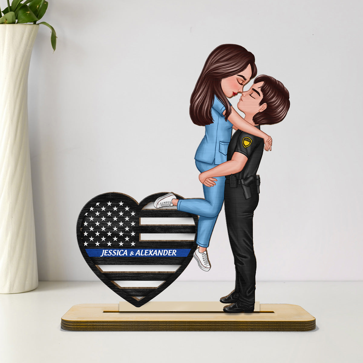 Hero Couple Hugging Kissing Keepsake Gift by Occupation Personalized 2-Layer Standing Wooden Plaque