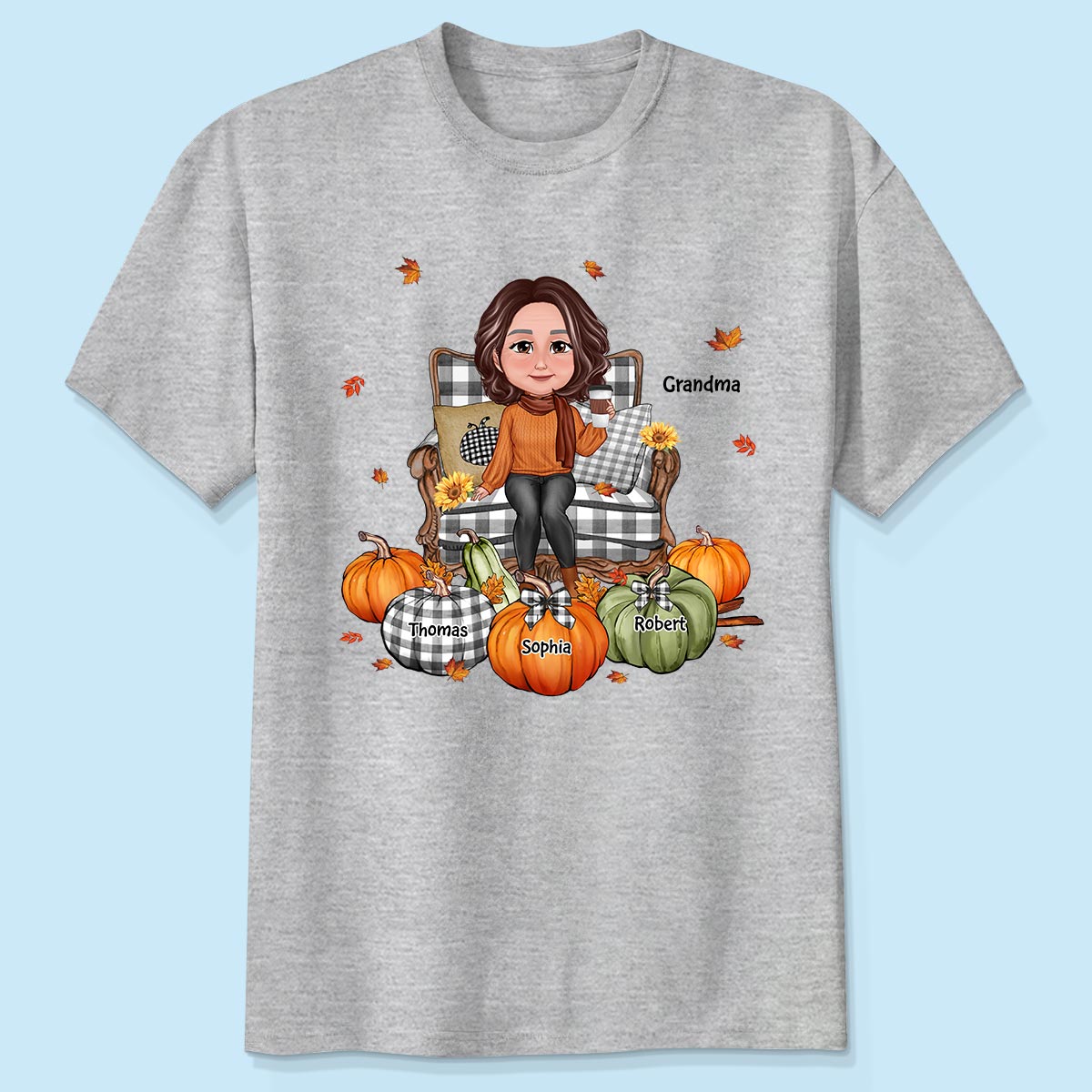 Grandma Sitting On Chair Pumpkins - Personalized Shirt - Gift For Grandma