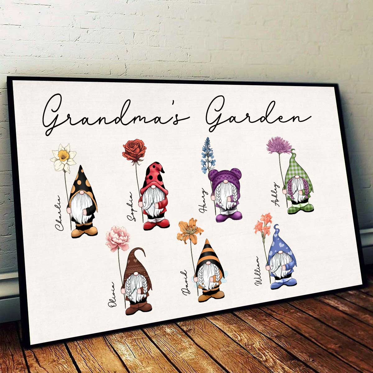 Grandma‘s Garden Vintage Birth Flowers Cute Custom Gnomes Personalized Horizontal Poster