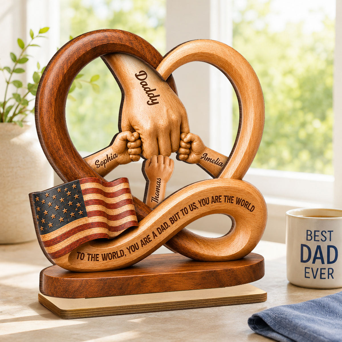 Dad to Us You Are the World - Personalized 2-Layered Wooden Plaque - Gift for Dad, Husband