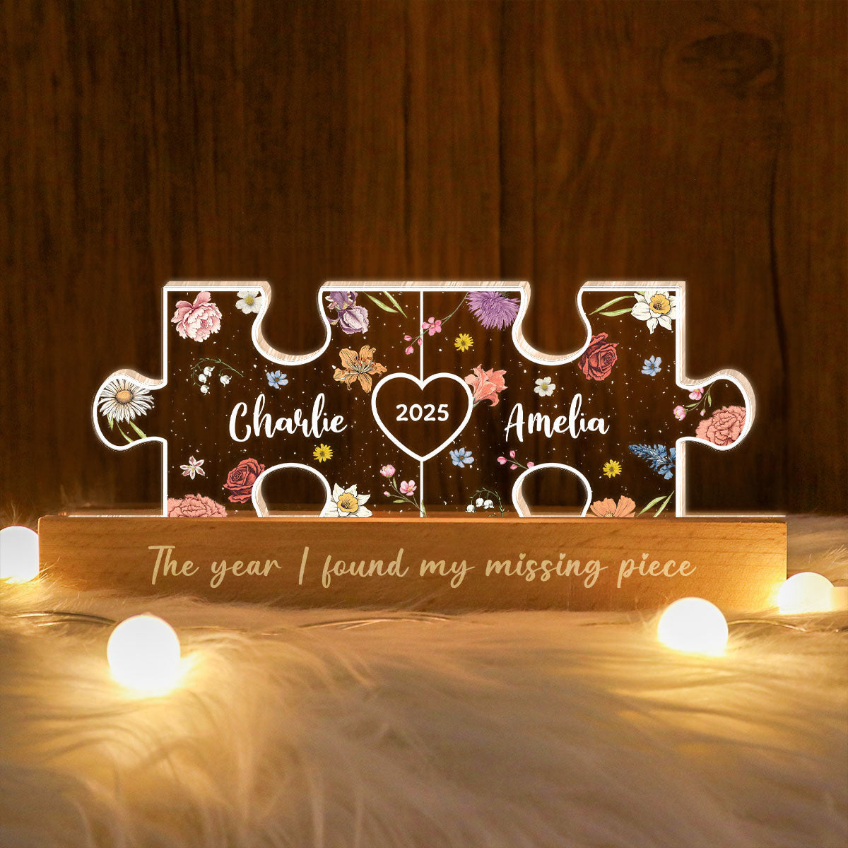 You Are My Missing Piece Couple Initials Floral Theme Personalized Acrylic LED Night Light, Heartfelt 2025 Gift, Anniversary Gift For Her, For Girlfriend, For Wife