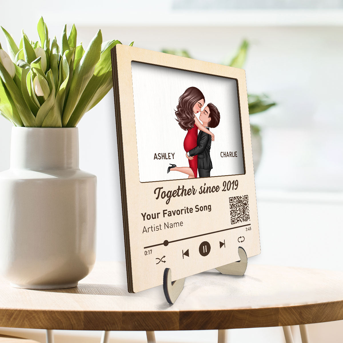 Couple Kissing Favorite Song QR Code Gift Personalized 2-layer Wooden Plaque