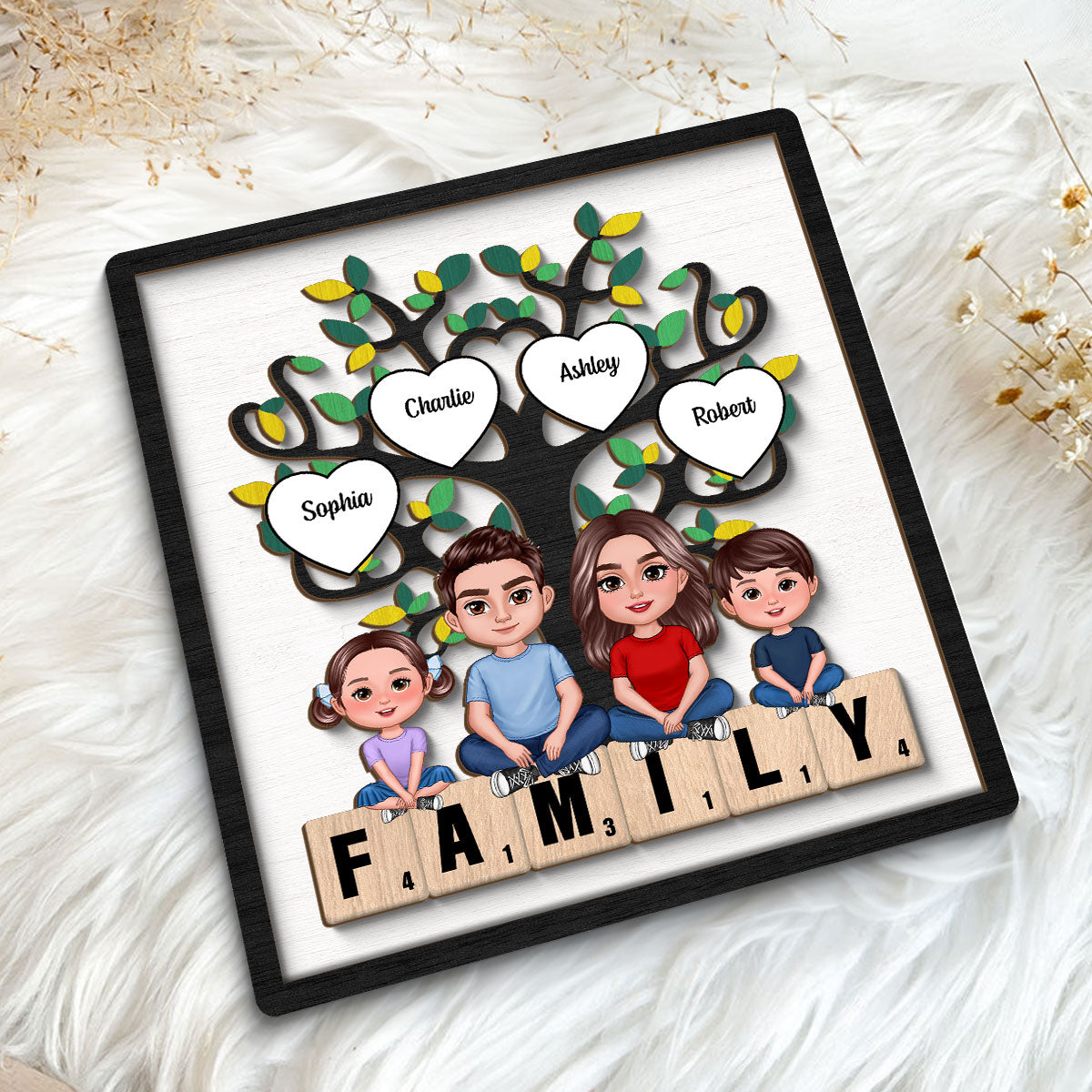 Family Crossed Legs Under Tree On Text Personalized 2-layer Wooden Plaque