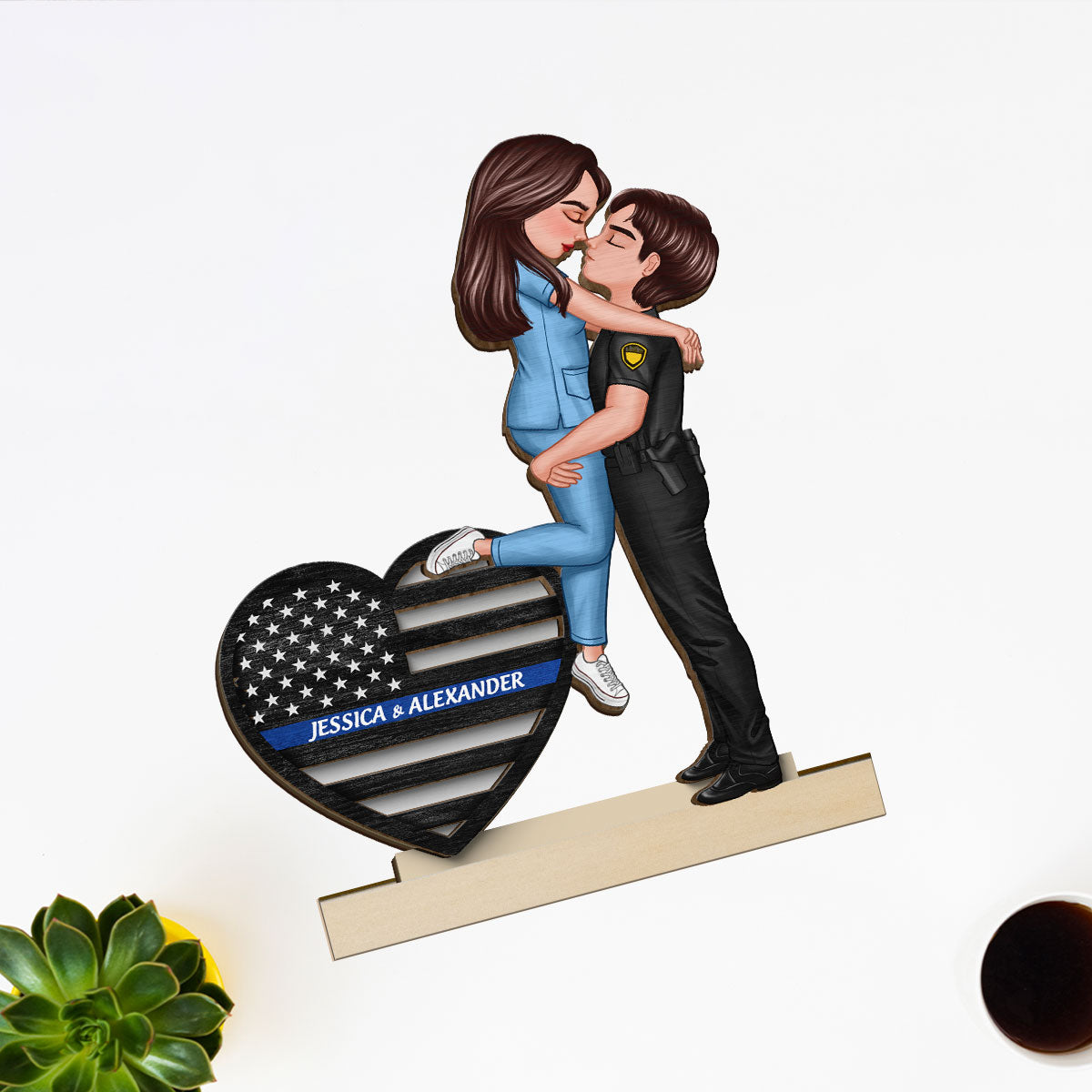 Hero Couple Hugging Kissing Keepsake Gift by Occupation Personalized 2-Layer Standing Wooden Plaque