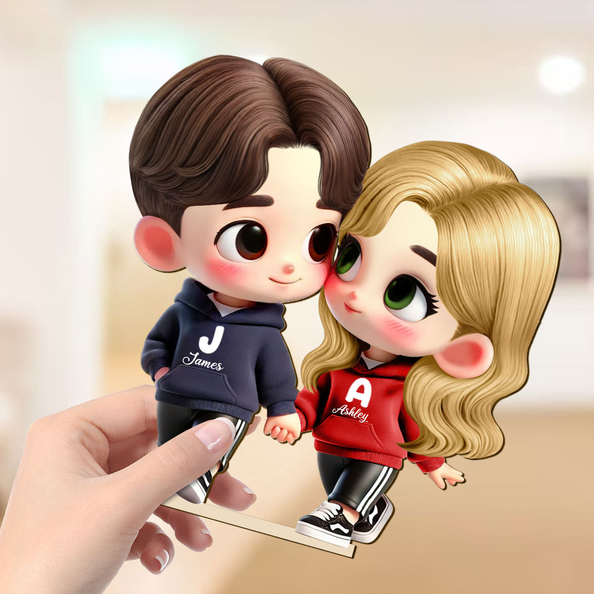 3D Effect Cute Cartoon Couple Holding Hands Personalized Standing Wooden Plaque, Anniversary & Gift for him, Gift for her