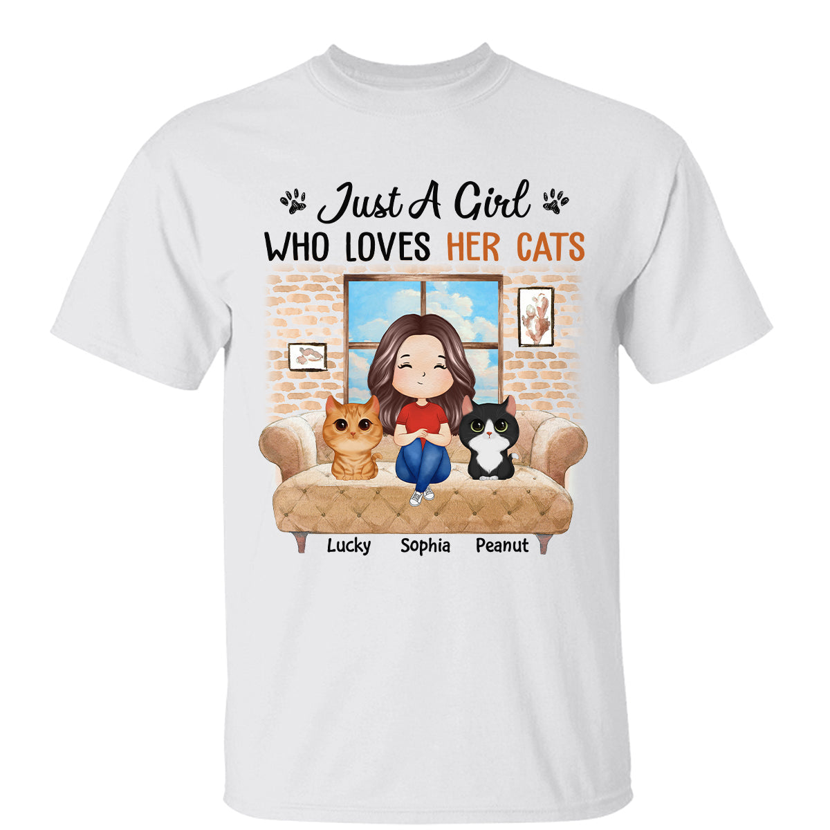 Just A Girl Who Loves Cats Watercolor Woman And Watercolor Cute Cats Sitting By The Window Personalized Shirt