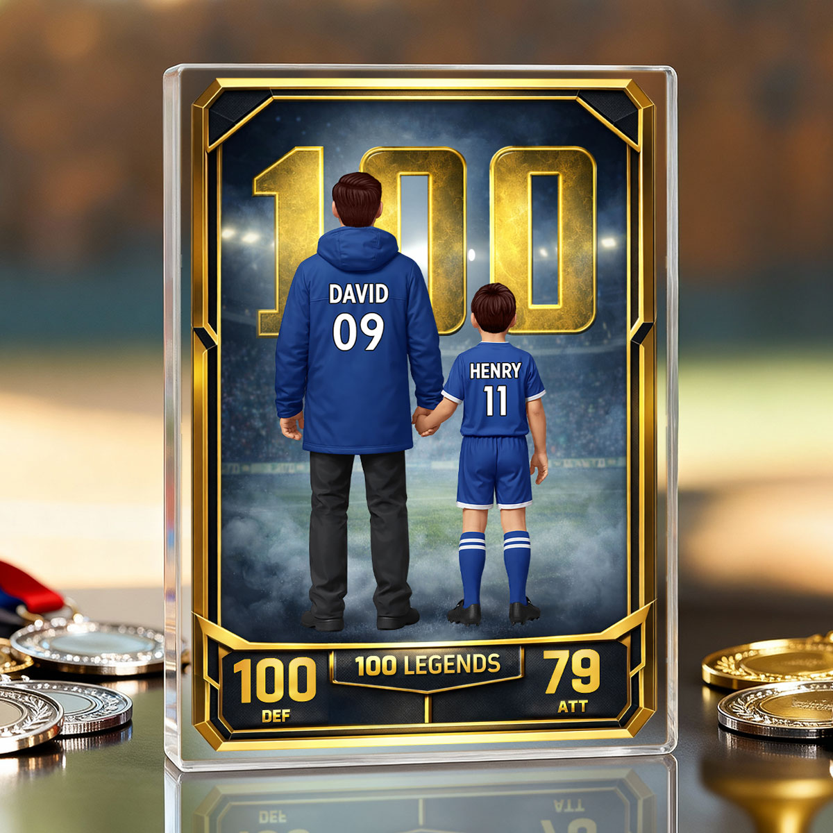 Father And Kids 100 Legends Trading Card - Personalised Acrylic Block Plaque - UK Gift For Football Dad