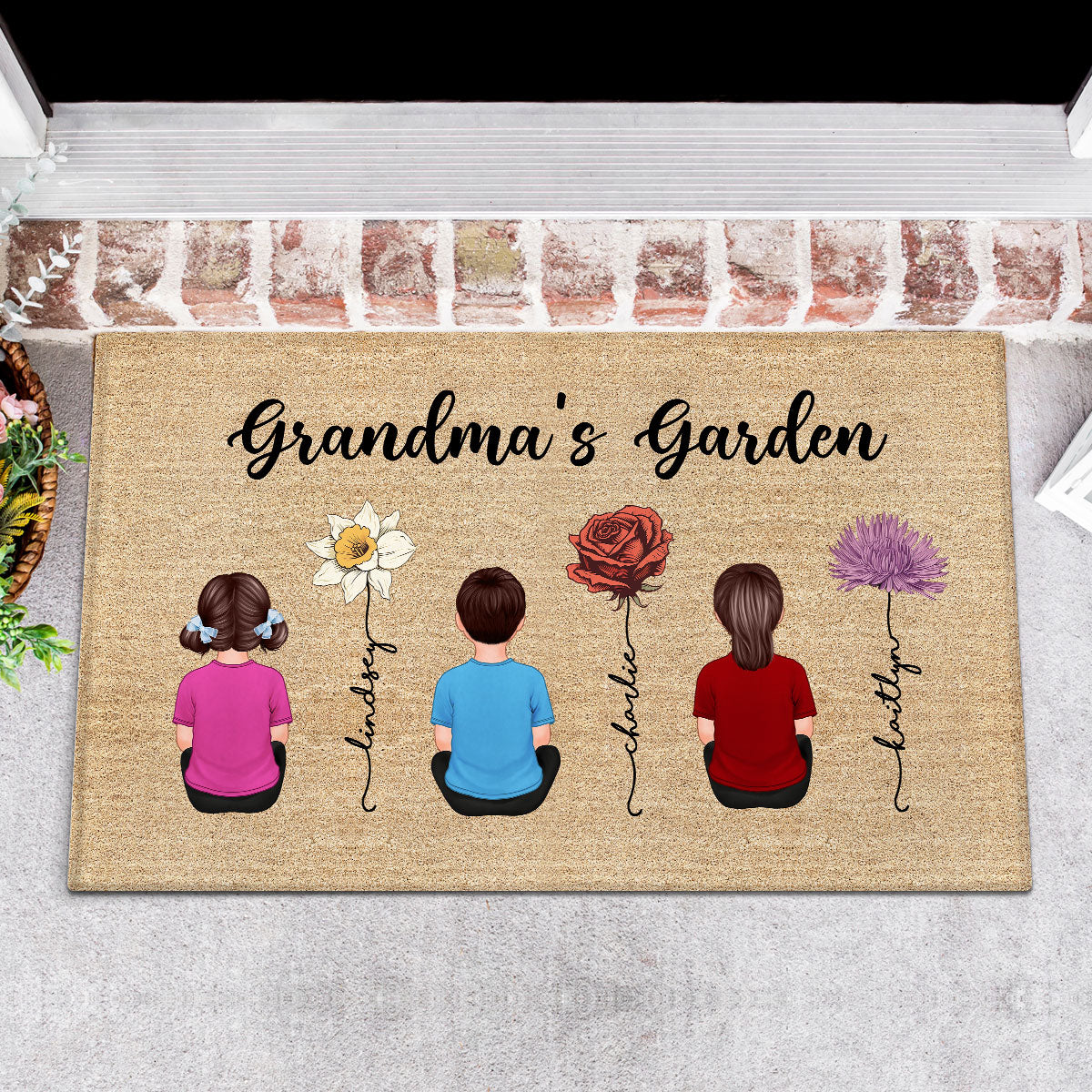 Grandkids Sitting Grandma Garden Vintage Birth Month Flowers Personalized Doormat