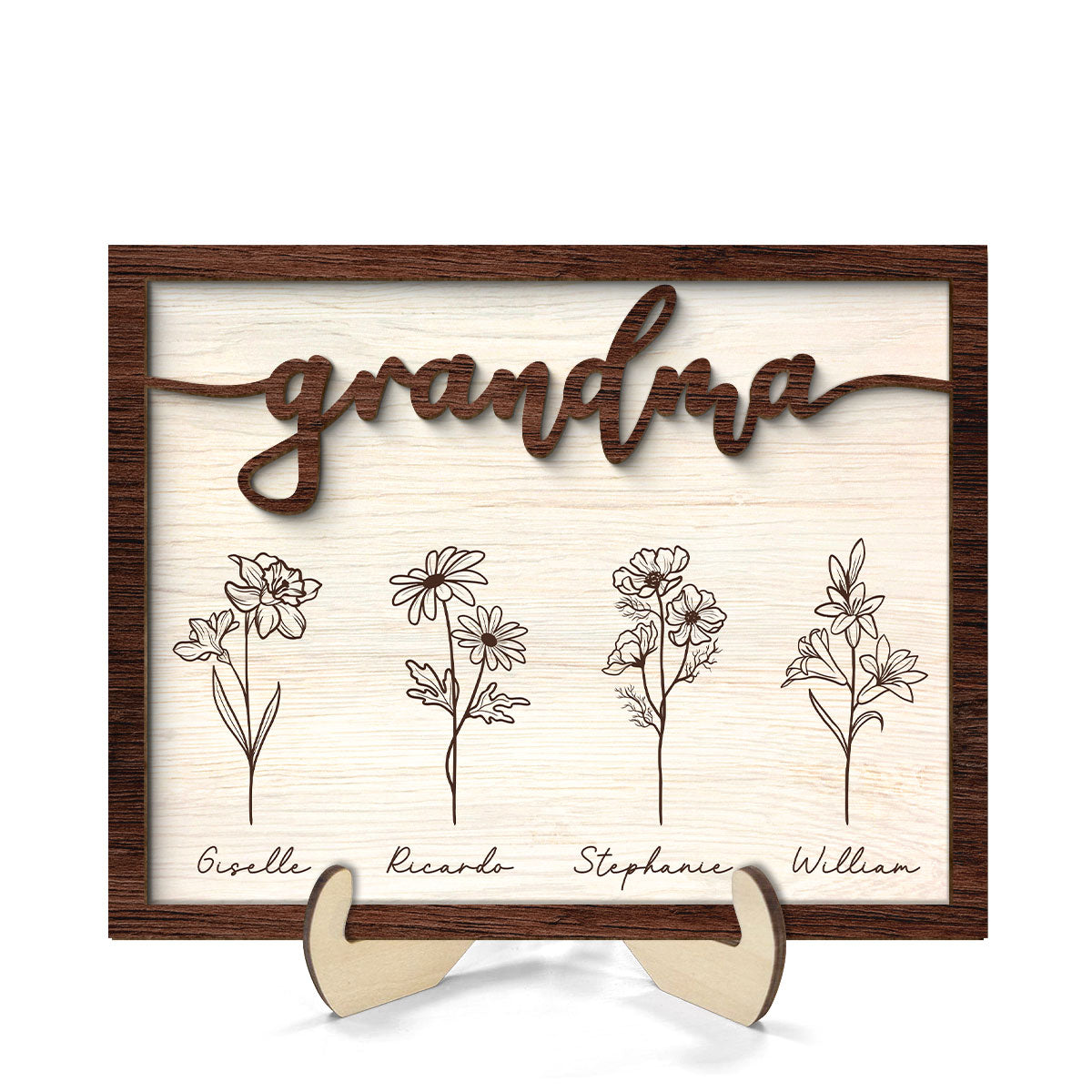 Rustic Grandma Flowers Personalized 2-Layer Wooden Plaque