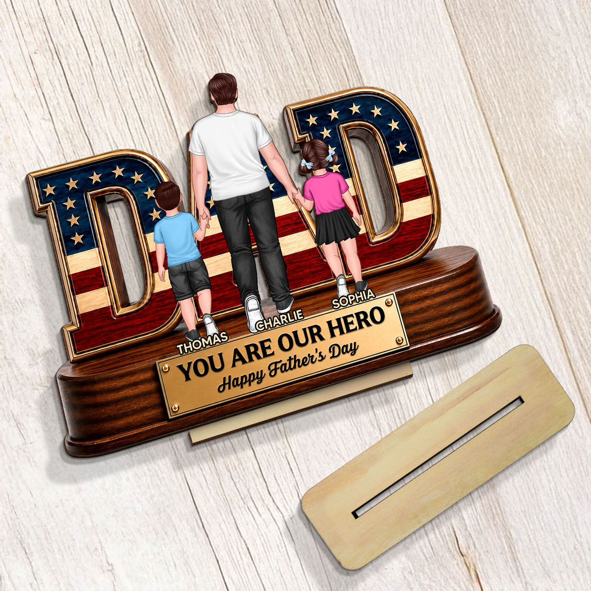 Nation Flag Dad And Kids You Are Our Hero - Personalized 2-Layered Wooden Plaque - Gift For Dad, Husband