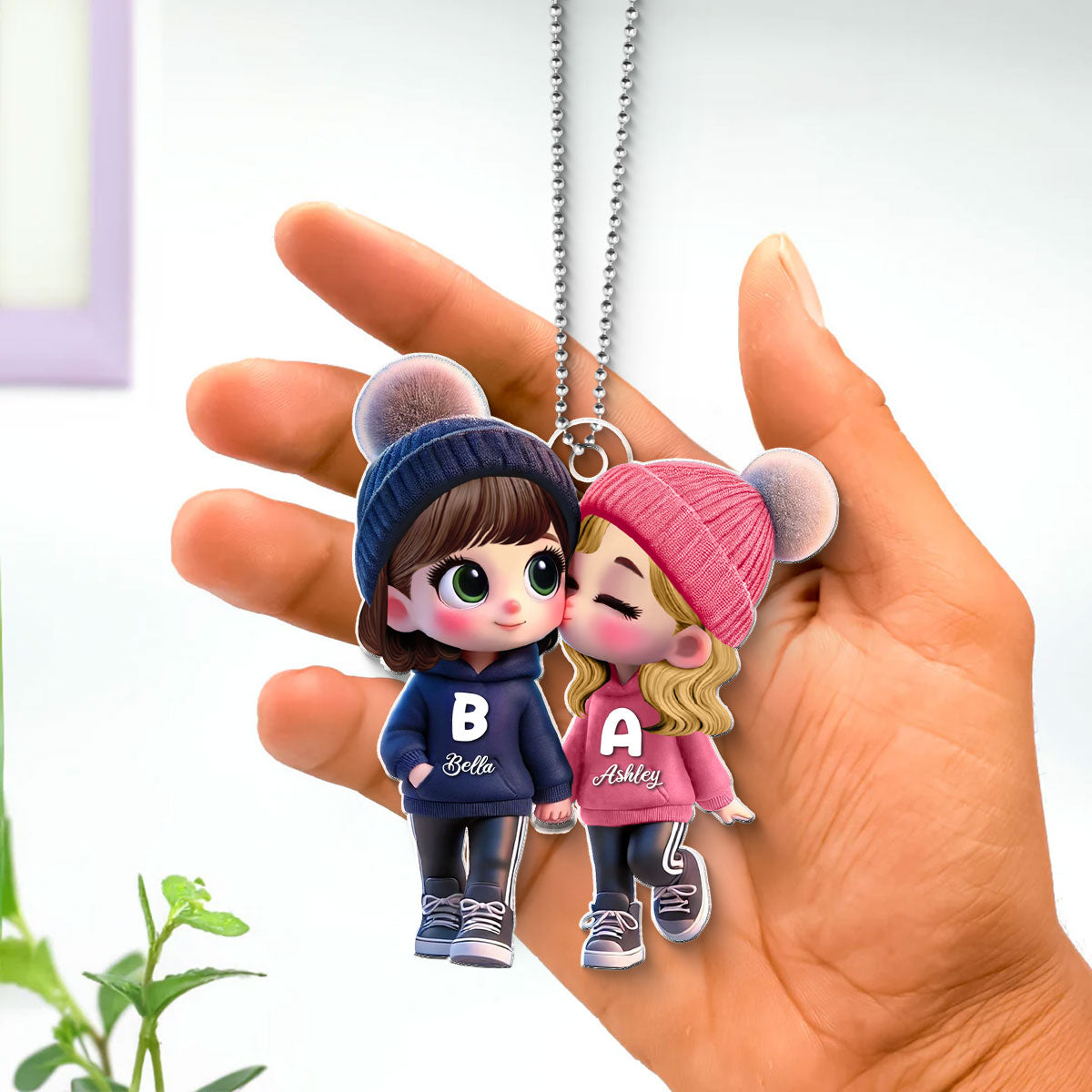 Personalized 3D Cartoon Lesbian Couple Car Ornament β Cute Acrylic Gift for Pride Month