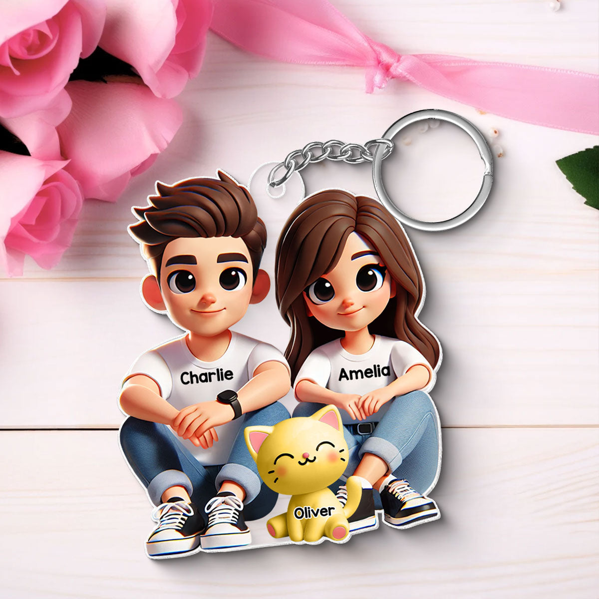 3D Effect Cute Couple And Dogs Cats Sitting Personalized Acrylic Keychain, Anniversary Gift, gift