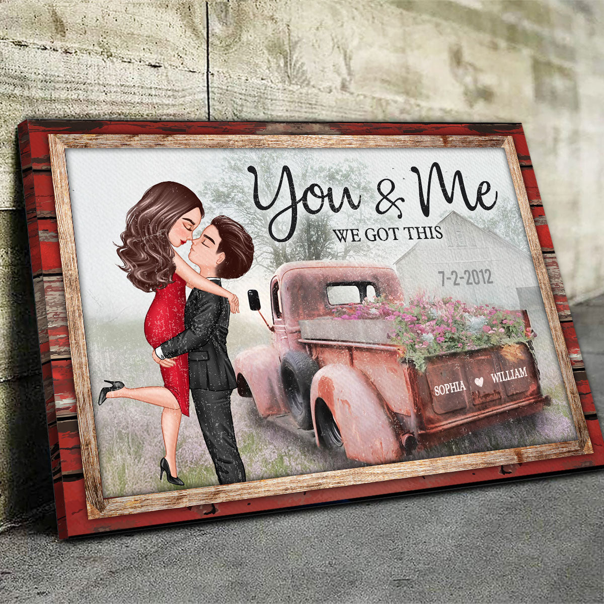 Red Vintage Truck Farmhouse Couple Hugging Kissing Personalized Canvas Print, Anniversary Gift For Him, For Her