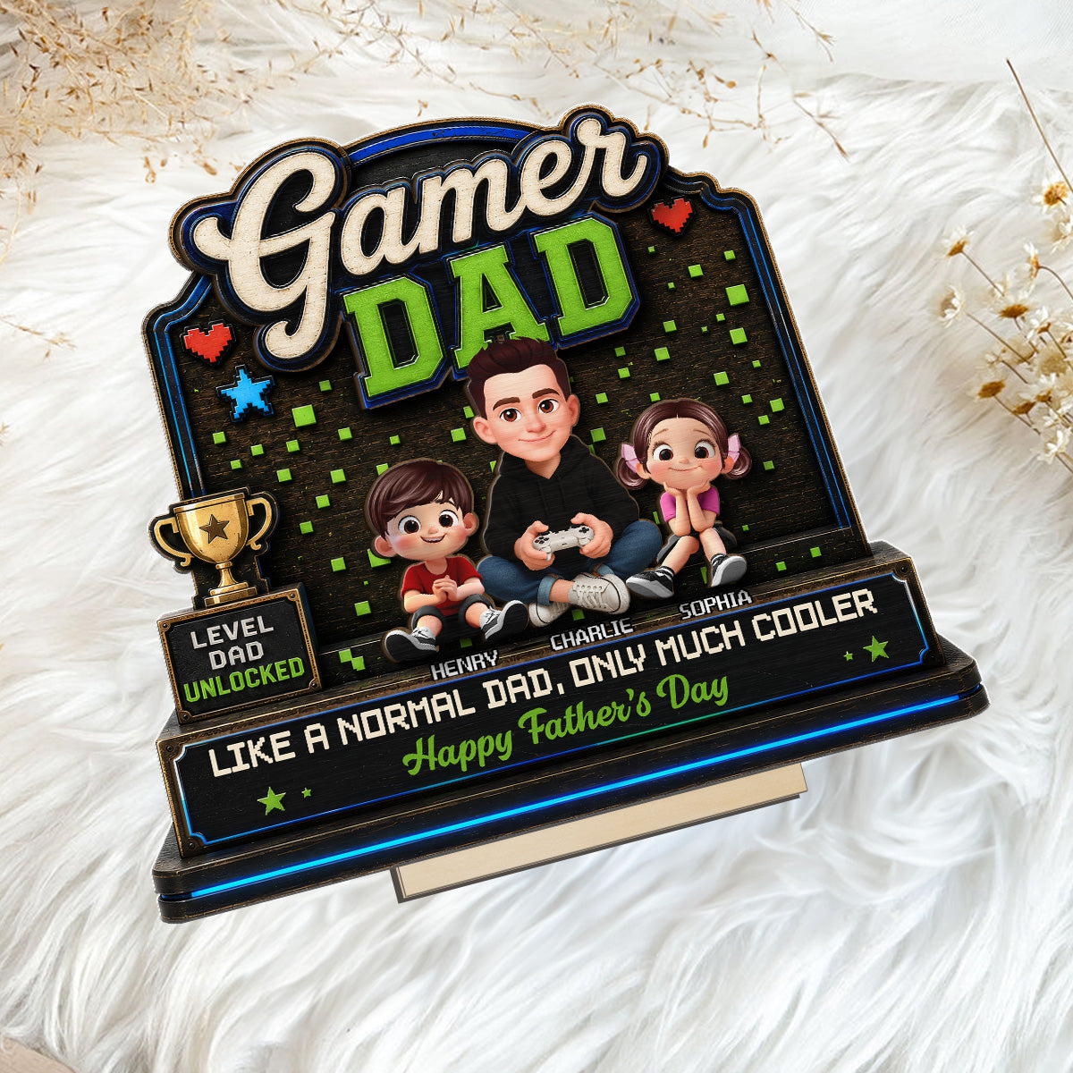 Gamer Dad & Kids - Personalized 2-Layered Wooden Plaque - Gift For Gamer Dad