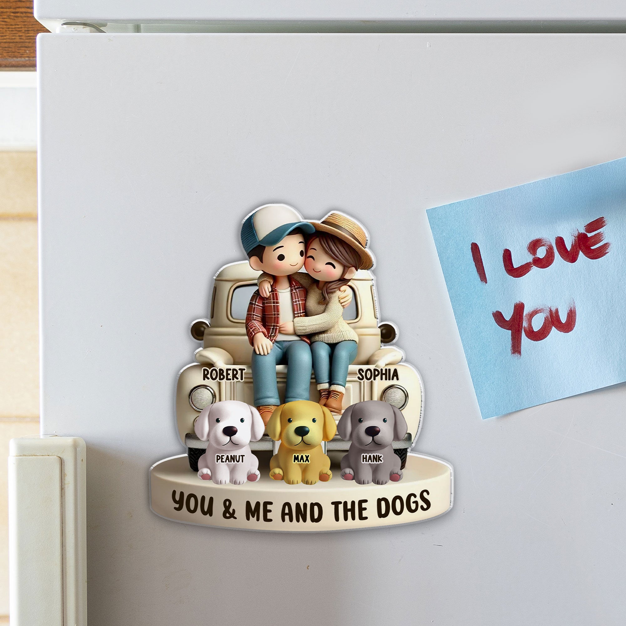3D Effect Couple On Truck You Me And The Dog Cats Personalized Fridge Magnet, Heartfelt Gift For Couple, For Dog Lovers, Cat Lovers, Pet Lovers