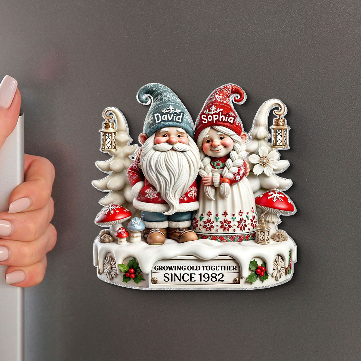 3D Effect Gnome Couple Together Personalized Acrylic Fridge Magnet, 2025 Heartfelt Gift, Anniversary Gift For Couple, For Him, For Her, Husband, Wife