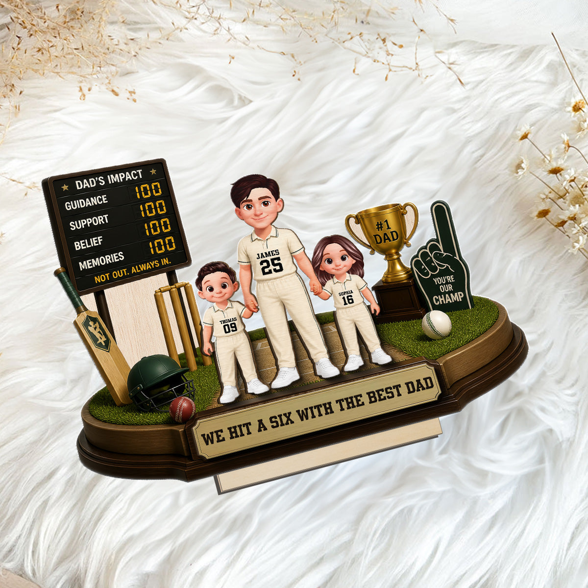 Hit A Six With The Best Dad Cricket Dad & Kids - Personalised 2-Layered Wooden Plaque - Gift For Husband, Dad