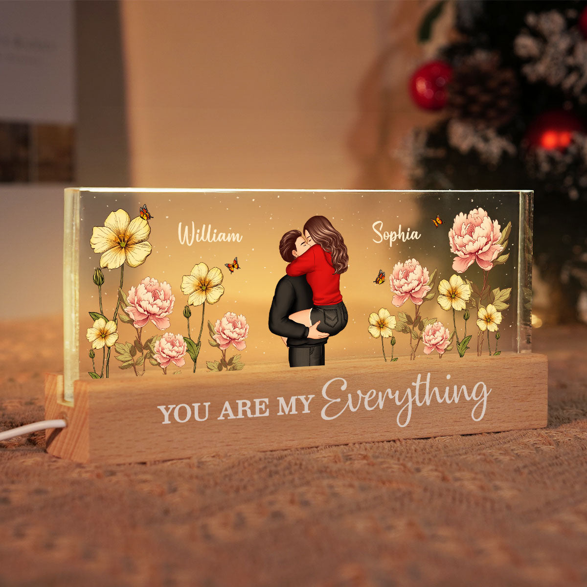 Couple Embracing Kissing Birth Month Flower Personalized Acrylic Block LED Night Light, Heartfelt 2025 Gift For Couple, For Him, For Her, Boyfriend, Girlfriend, Husband, Wife
