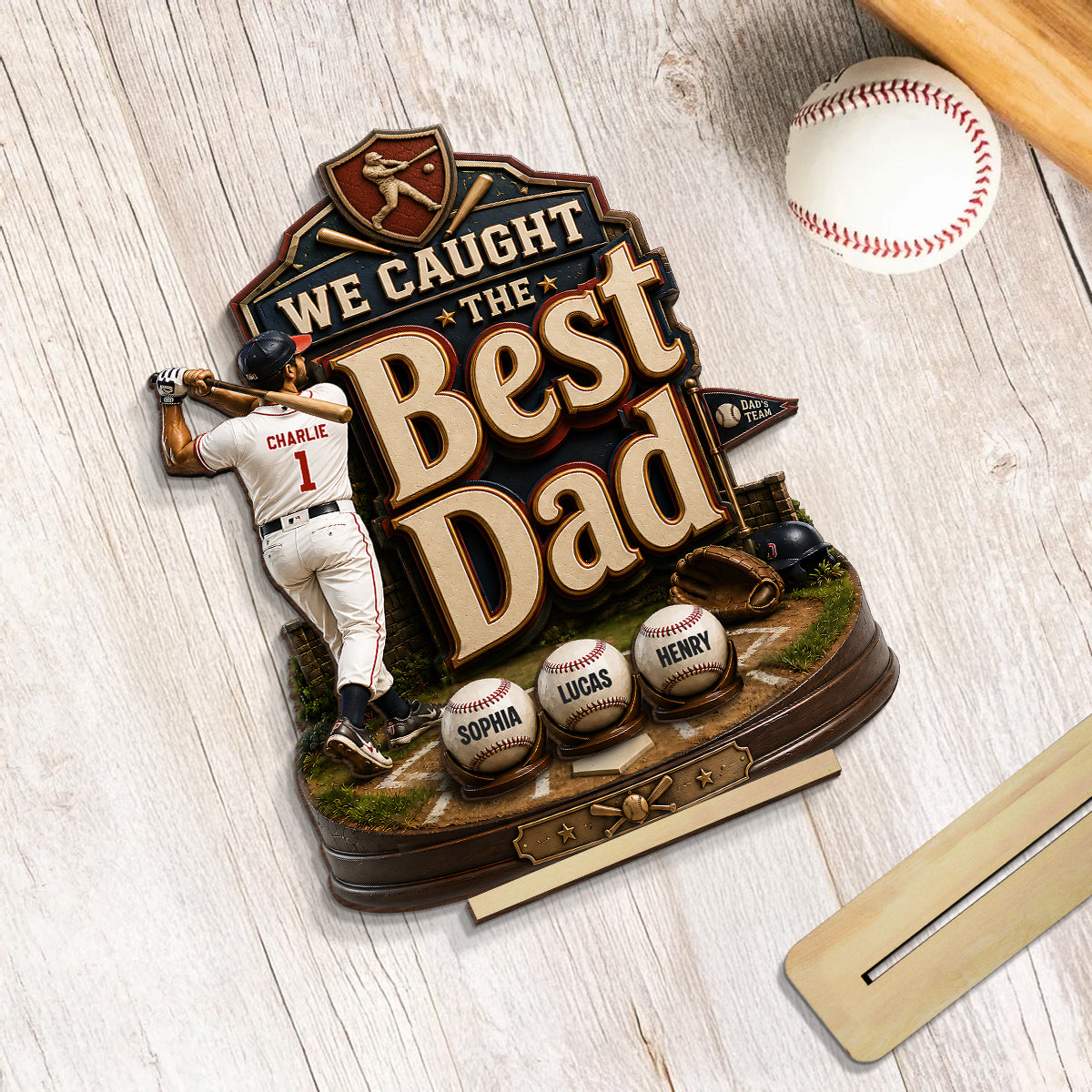 Baseball Dad & Kids We Caught The Best Dad - Personalized 2-Layered Wooden Plaque - Gift For Baseball Dad, Husband