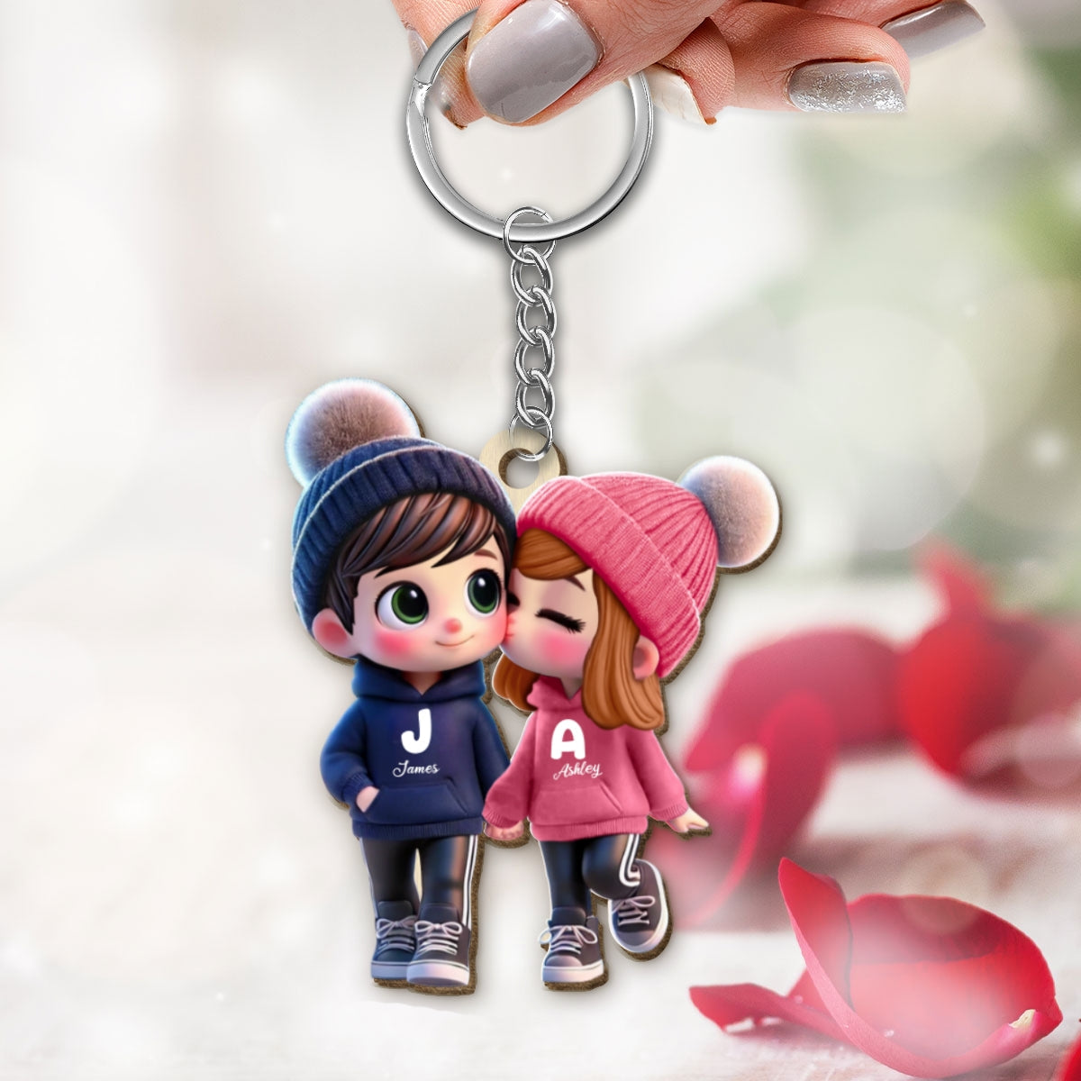 3D Effect Cute Cartoon Couple Walking Personalized Wooden Keychain, Gift for Him, Gift for Her