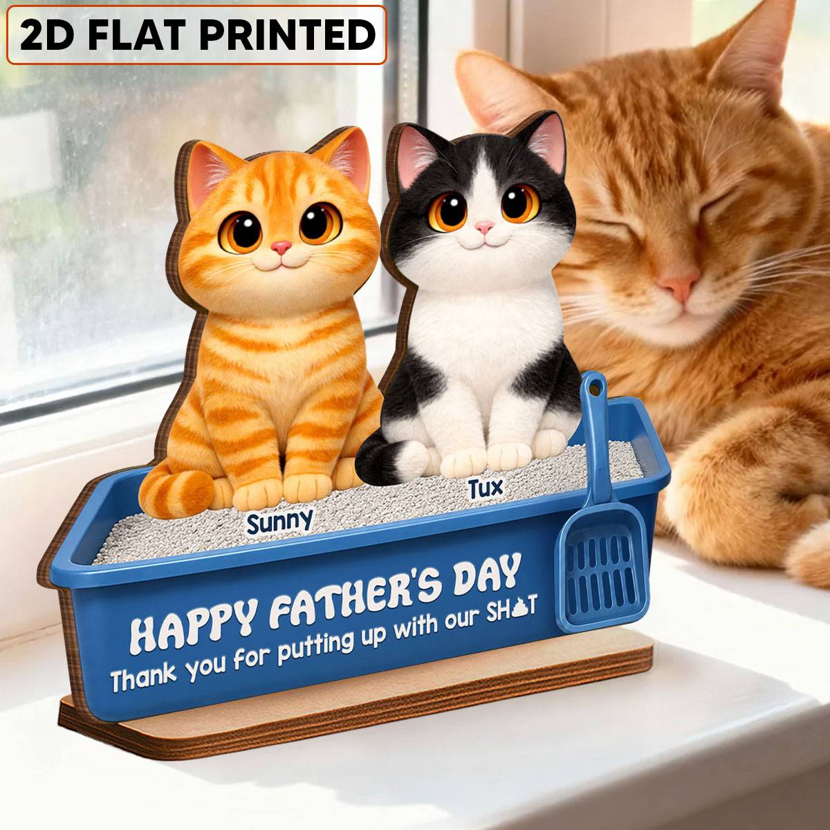 Cute Fluffy Cats Happy Thanks For Feeding And Scooping Poo 2D Flat - Personalized 2-Layered Wooden Plaque - Funny Gift For Cat Dad, Cat Lovers