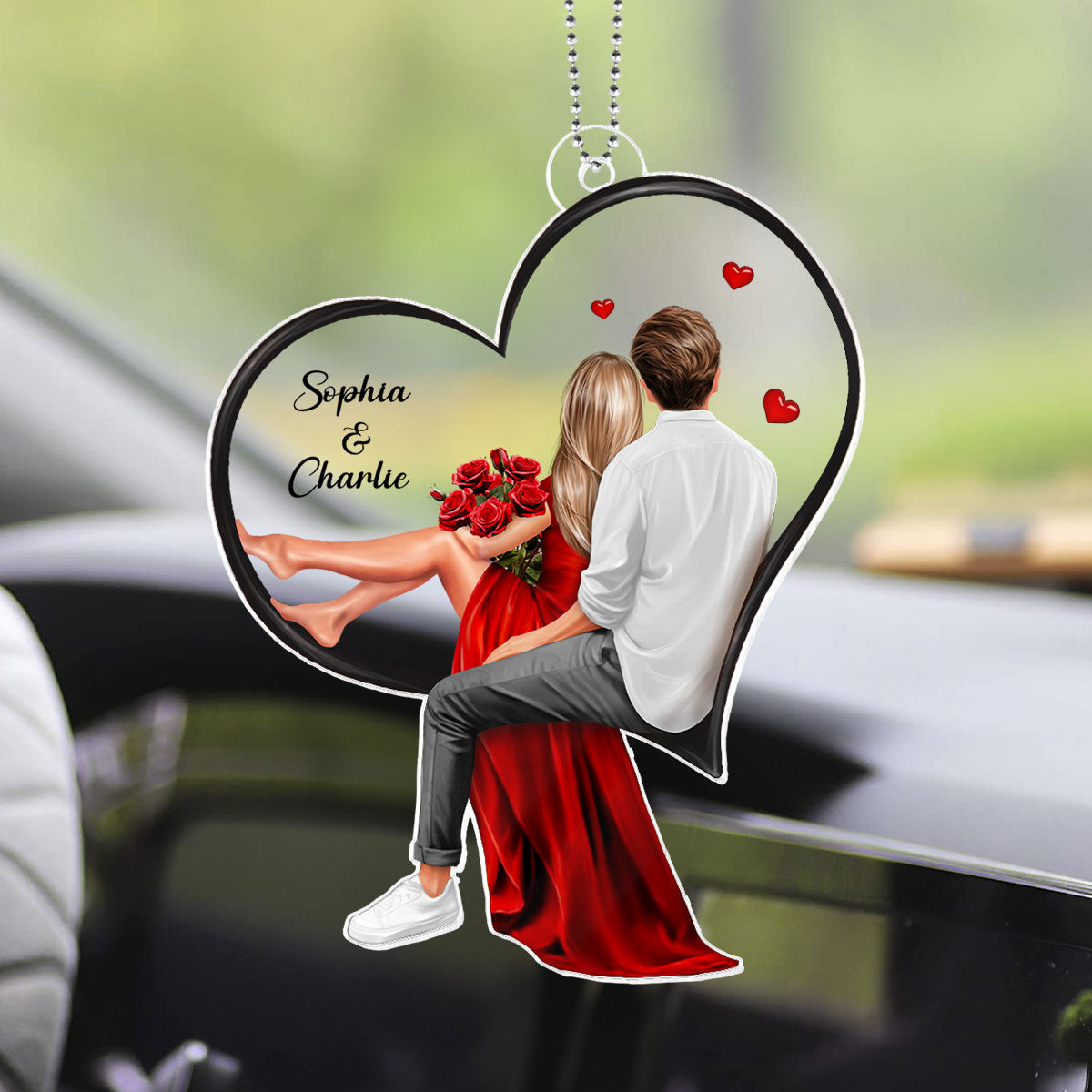 Couple Sitting On Heart Personalized Acrylic Car Hanger, Gift, Anniversary Gift for Couples