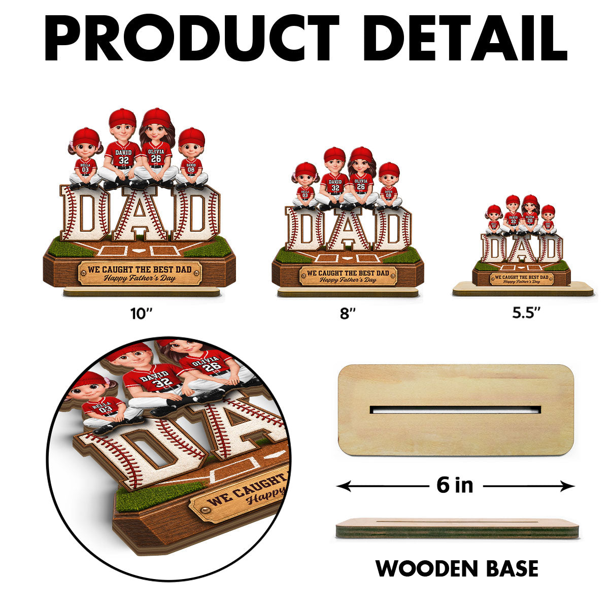 Baseball DAD We Caught The Best Dad - Personalized 2-Layered Wooden Plaque - Gift For Dad