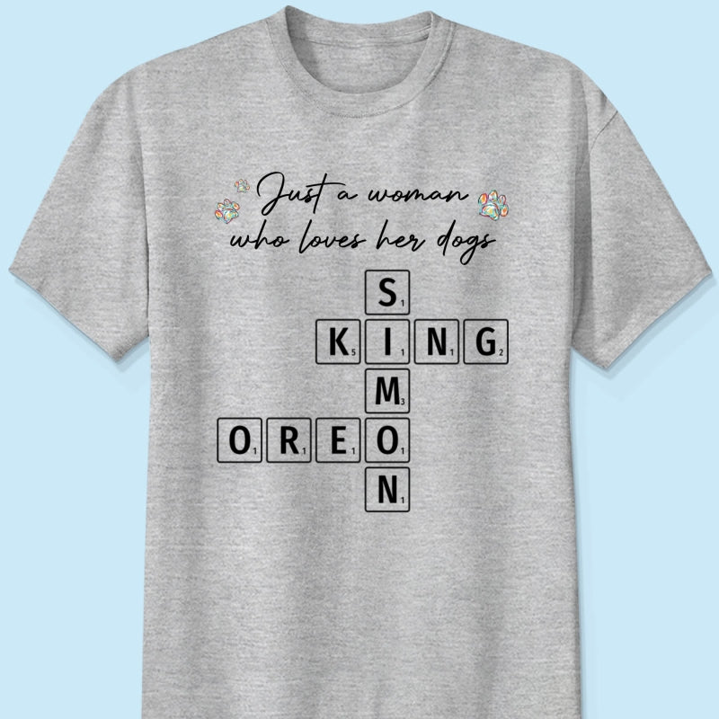 Just A Woman Who Loves Dogs Cats Crossword Puzzle Art Personalized Shirt