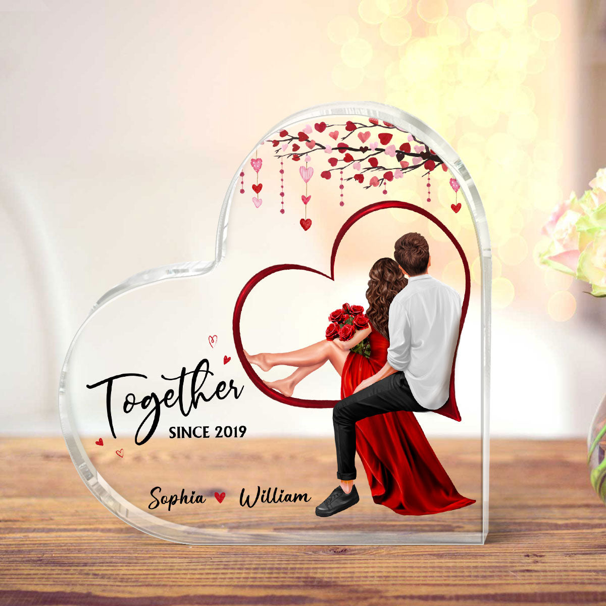 Embracing Couples Sitting On Heart Personalized Acrylic Heart Plaque, Gift, Anniversary Gift for Couples