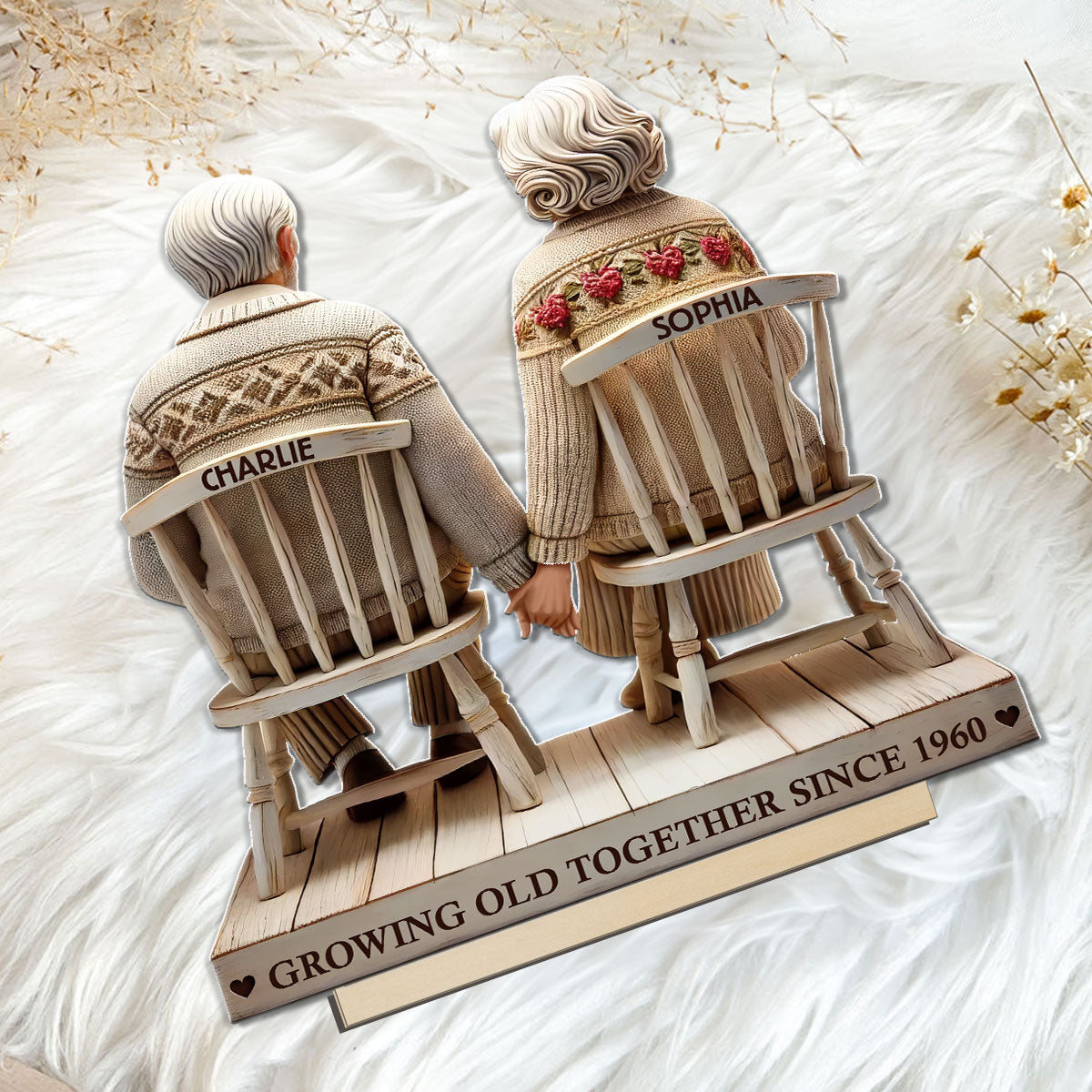 3D Effect Old Couple Holding Hands Sitting Together Personalized Standing Wooden Plaque, Heartfelt Anniversary Gift, Gift For Couple, For Him, For Her, Husband, Wife