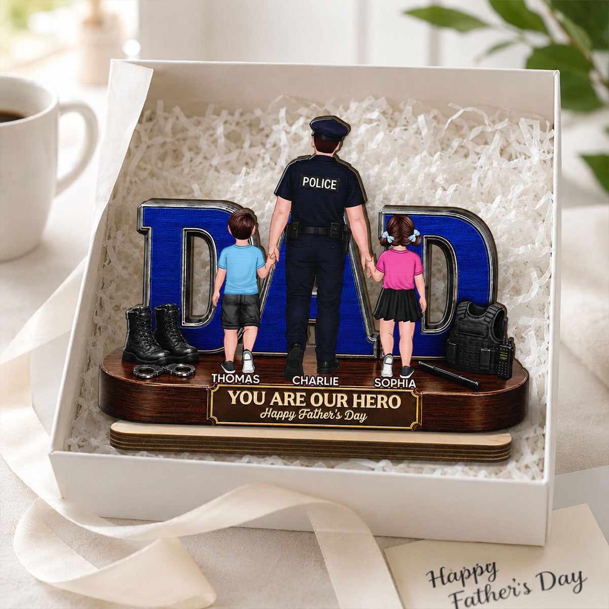 Proud American Police Dad You Are Our Hero - Personalized 2-Layered Wooden Plaque - Unique Trending Gift For Dad, Husband