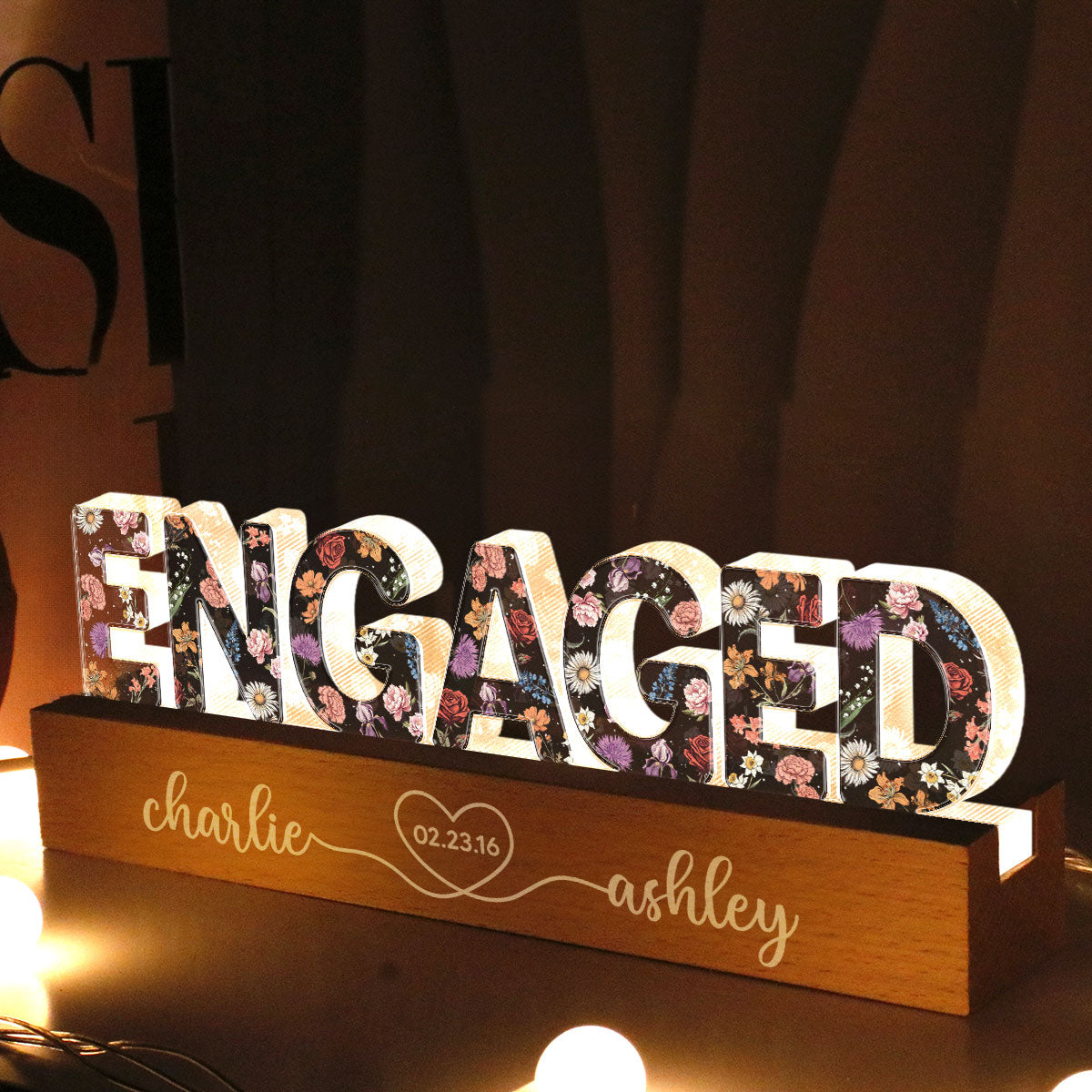 Personalized Couple Engagement Floral Theme Anniversary Gift Acrylic Block LED Night Light, Heartfelt 2025 Gift, For Him, For Her, For Husband, For Wife