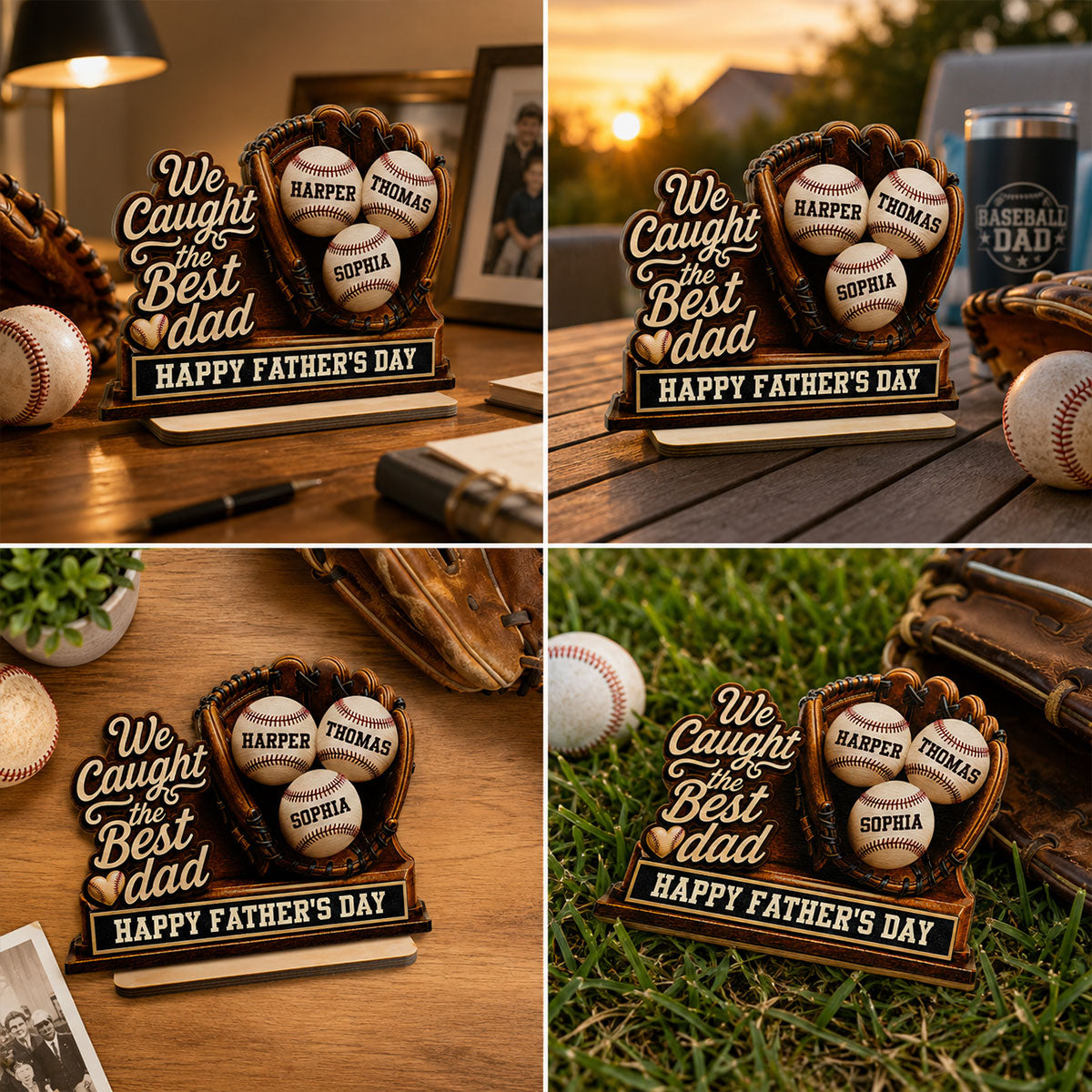 We Caught The Best Dad Baseball In Glove - Personalized 2-Layered Wooden Plaque - Happy For Baseball Dad