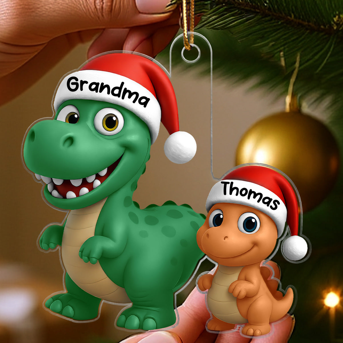 3D Effect Grandmasaurus Dinosaur Grandkid Walking Together - Personalized Acrylic Ornament