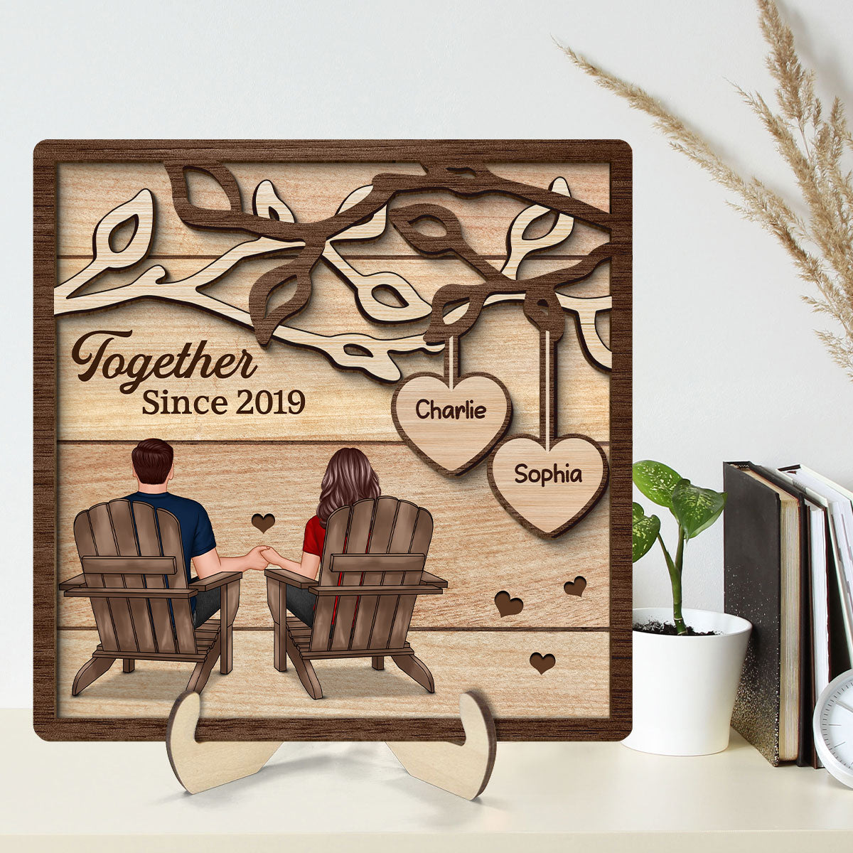 Couple Back View Sitting Under Tree Personalized 2-Layer Wooden Plaque, Valentine‘s Day Gift For Him, For Her