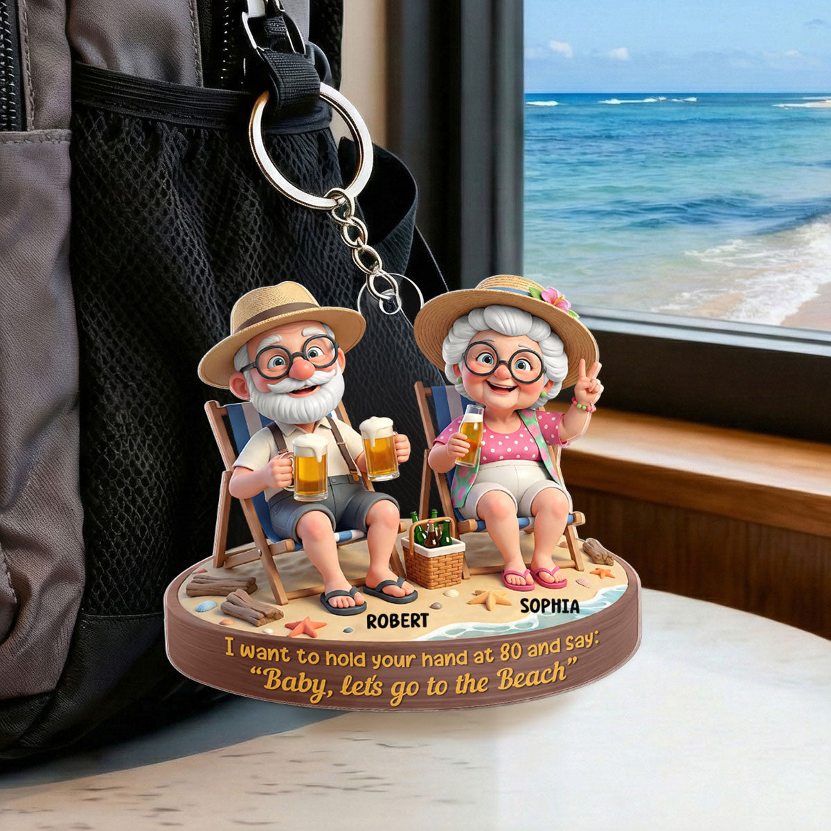 3D Effect Old Couple Baby Let's Go to the Beach - Personalized Acrylic Keychain - Sentimental Gift for him, for her
