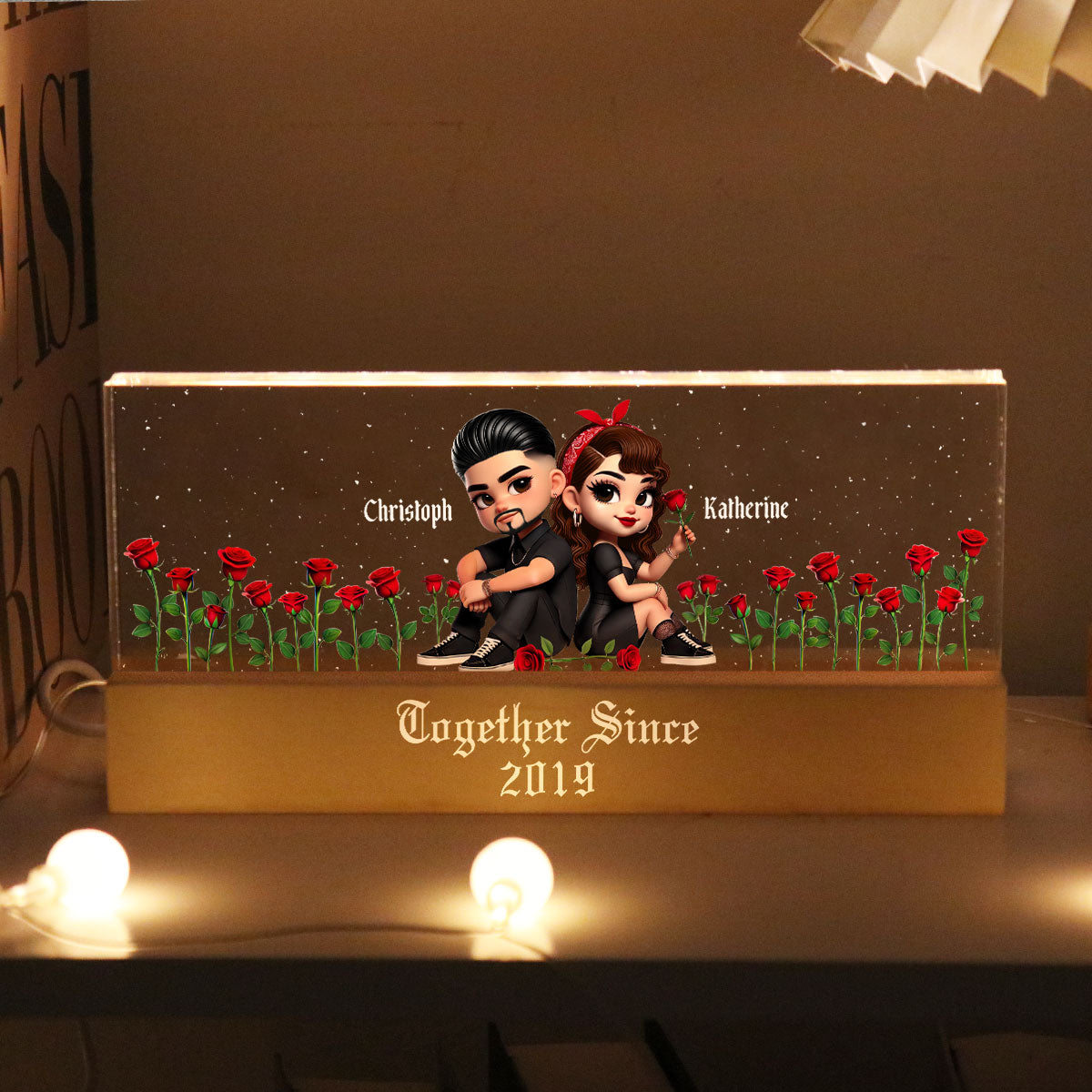 Pretty Couple Roses Heart Together Since Personalized Acrylic Block LED Night Light, Gift, Anniversary Gift for Couples