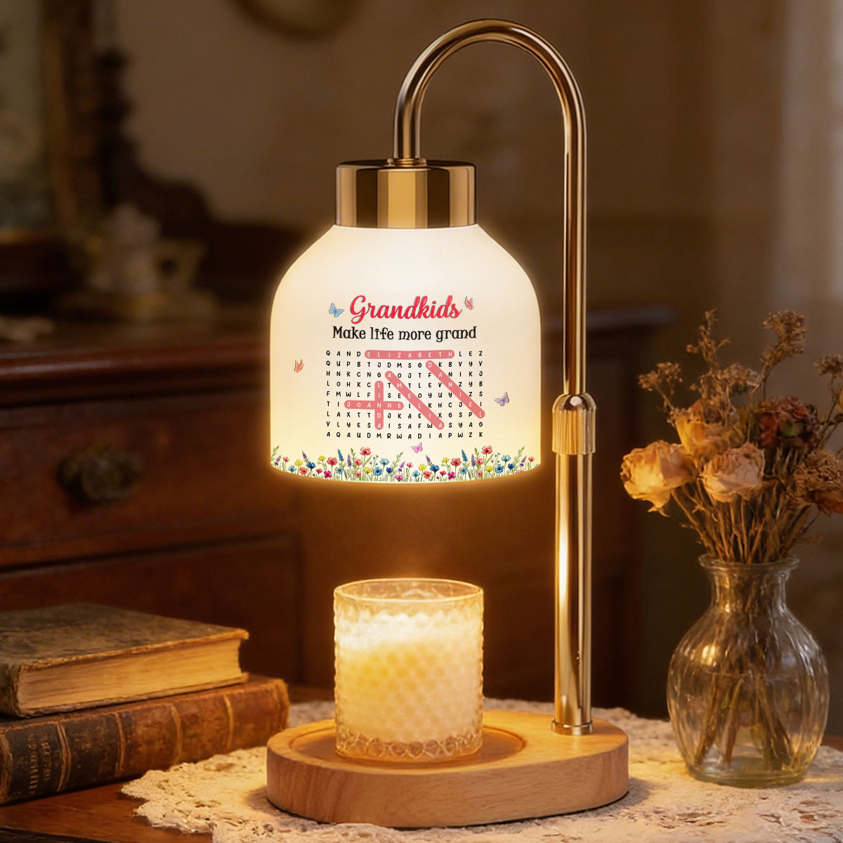 Grandkids Make My Life More Grand Word Search Puzzle - Personalized Candle Warmer Lamp - Mother's Day Gift for Grandma, Mom, Wife