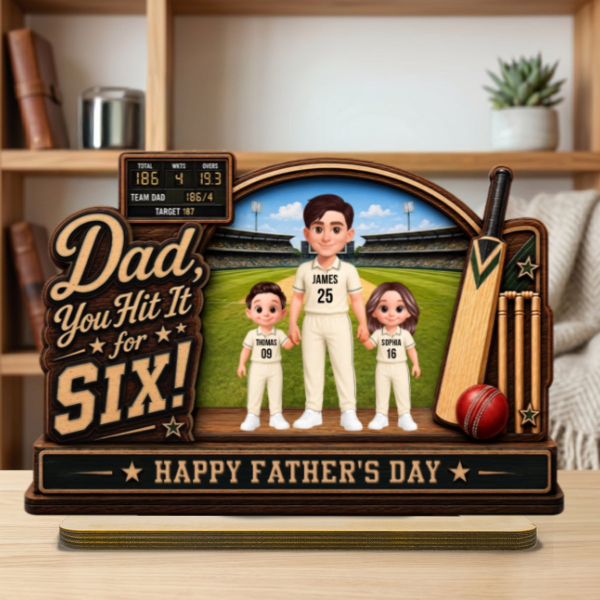Hit A Six With The Best Dad Cricket Dad & Kids On Court - Personalised 2-Layered Wooden Plaque - Gift For Husband, Dad
