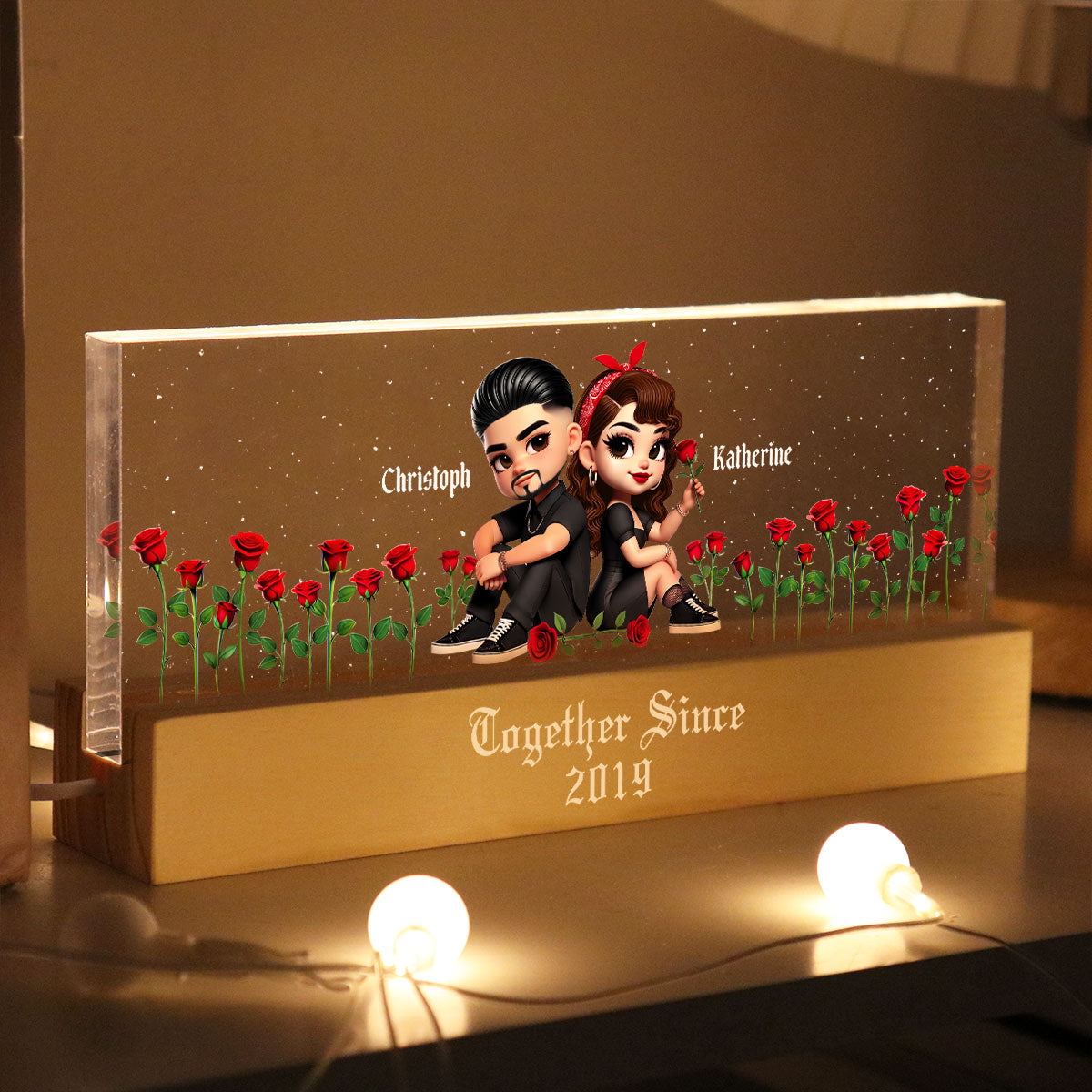 Pretty Couple Roses Heart Together Since Personalized Acrylic Block LED Night Light, Gift, Anniversary Gift for Couples
