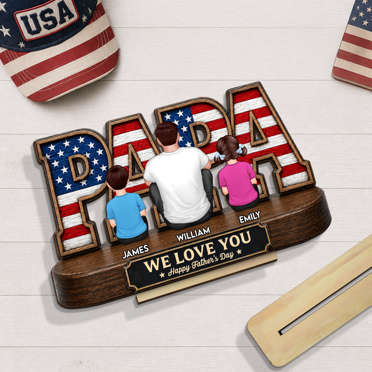 Proud Papa Grandpa Nation Flag Grandpa Dad And Kids - Personalized 2-Layered Wooden Plaque - Gift For Dad, Husband