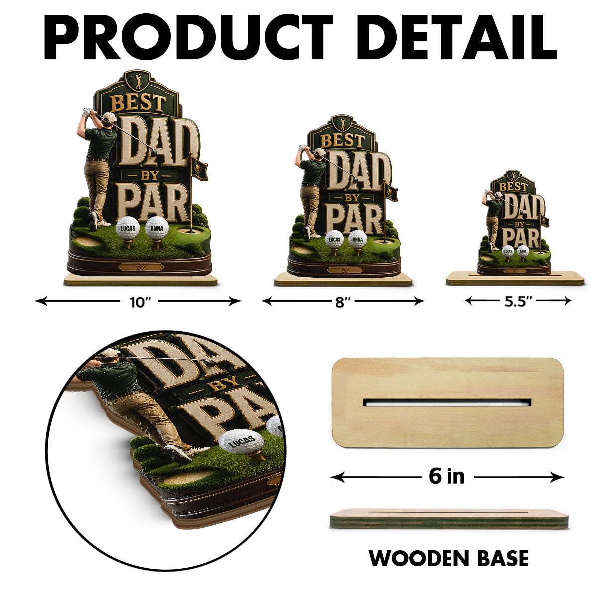 Golf Dad & Kids Best Dad By Par - Personalized 2-Layered Wooden Plaque - Gift For Dad, Husband