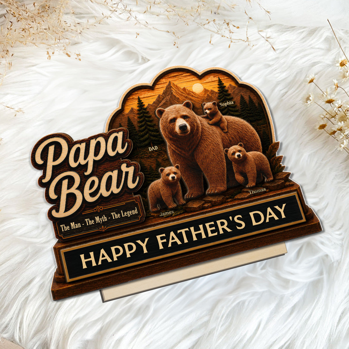 Papa Bear The Man The Myth The Legend 2D Flat - Personalized 2-Layered Wooden Plaque - Gift For Husband, Dad