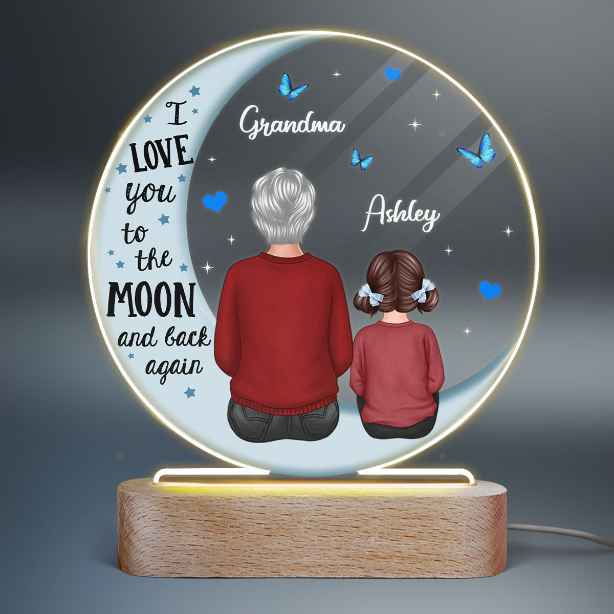 Grandma Grandpa Grandkids Blue Moon Personalized Circle Plaque LED Night Light - Acrylic LED Lamp